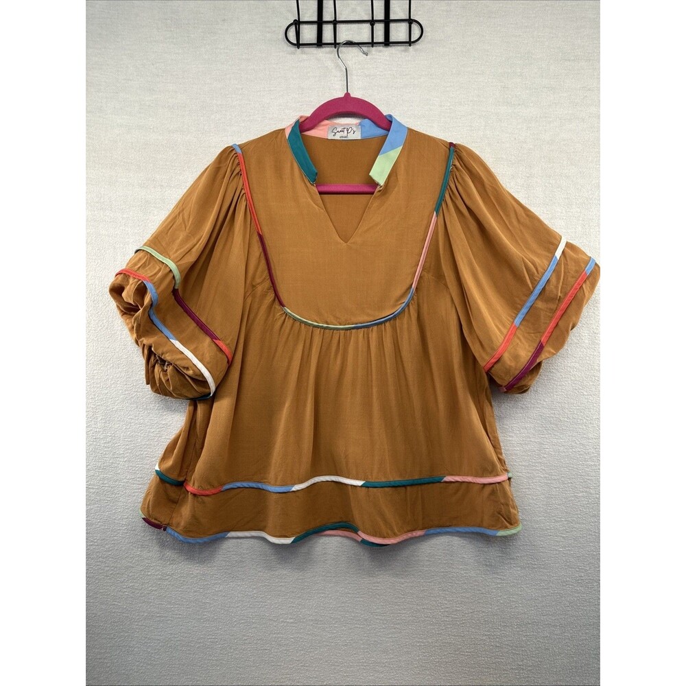 Sweet P’s Apparel Blouse Women’s S  V-Neck Flowy Balloon Sleeve Boho Stripe Trim